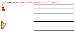Handwriting worksheet with musical instruments.